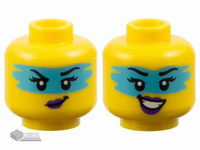 3626pb3641 – Minifigure, Head Dual Sided Female Black Eyebrows, Eyelashes, Medium Azure Face Paint, Dark Purple Lips, Lopsided Grin / Open Mouth Smile with Teeth Pattern