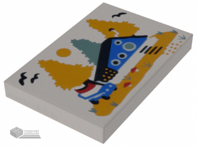 26603pb319 – Tile 2 x 3 with Blue Cabin with Round Door and Windows, Bright Light Orange and Sand Green Trees Pattern