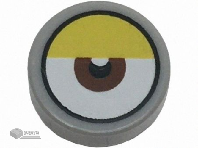 98138pb411 – Tile, Round 1 x 1 with White Eye with Centered Reddish Brown Iris and Partially Closed Yellow Eyelid Pattern