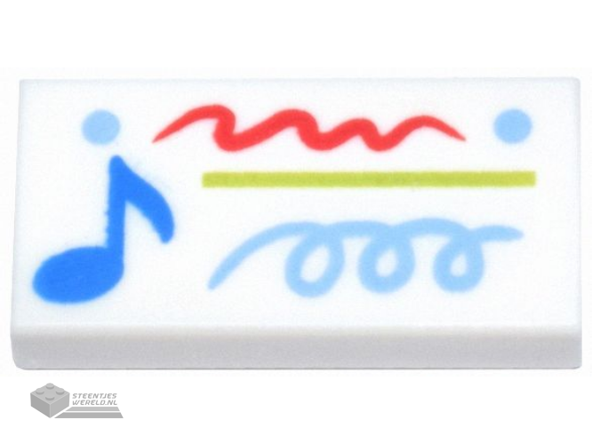 3069pb1271 – Tile 1 x 2 with Blue Music Note, Lime Line, Medium Blue Dots and Spiral, Red Scribble Pattern