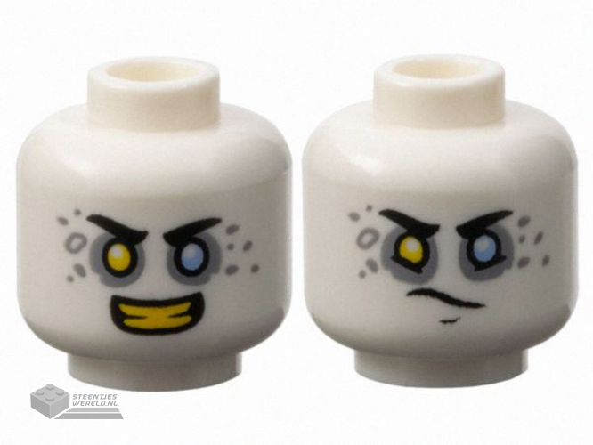 3626pb3643 – Minifigure, Head Dual Sided Black Eyebrows, Yellow Right Eye, Bright Light Blue Left Eye, Light Bluish Gray Eye Shadow and Spots, Open Mouth Smile with Teeth / Determined Pattern