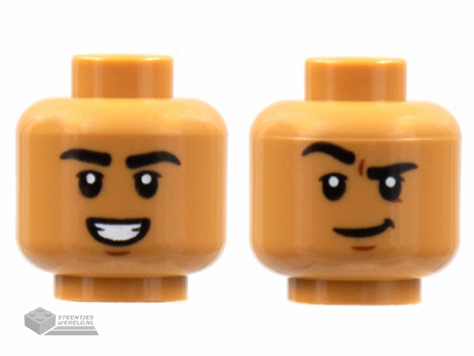 3626cpb2884 - Minifigure, Head Dual Sided, Black Eyebrows, Smile with Teeth / Grin with Raised Eyebrow Right Pattern - Hollow Stud