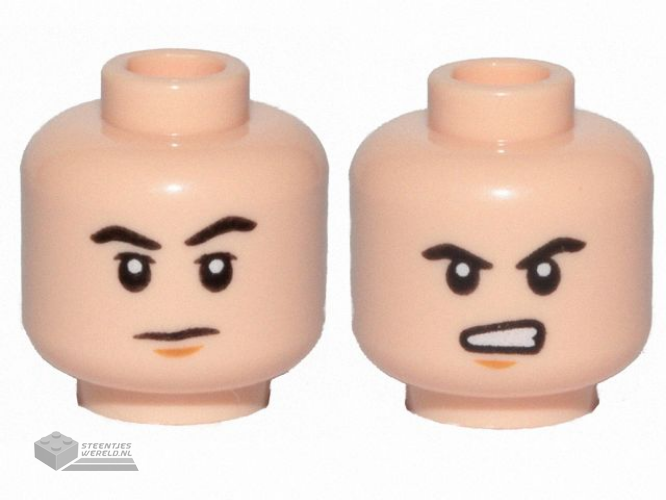 3626pb2358 – Minifigure, Head Dual Sided Black Eyebrows, Medium Nougat Chin Dimple, Neutral / Angry with Bared Teeth Pattern