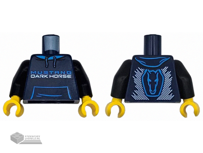 973pb5618c01 - Torso Hoodie with Pocket, Dark Azure 'MUSTANG', White 'DARK HORSE' and Stripes Pattern / Black Arms / Yellow Hands