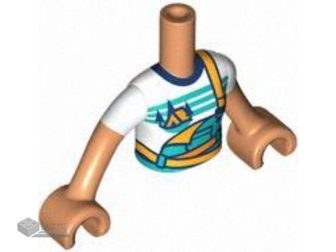 FTGpb473c01 – Torso Mini Doll Girl Dark Turquoise and Bright Light Orange Overalls over White T-Shirt with Orange Tent and Dark Blue Trees Pattern, Nougat Arms with Hands with White Short Sleeves