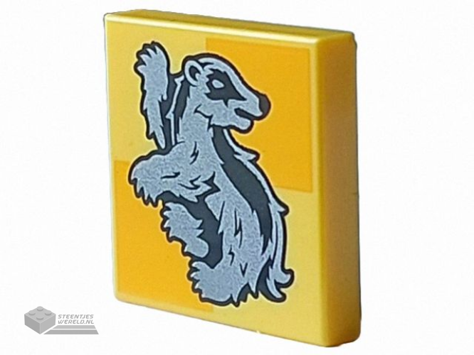 3068pb2360 – Tile 2 x 2 with Silver Hufflepuff Crest on Bright Light Orange Squares Pattern