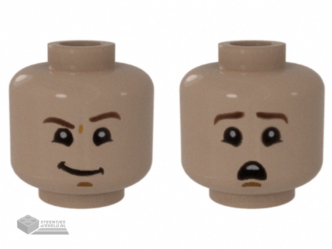 3626cpb2660 - Minifigure, Head Dual Sided Dark Brown Eyebrows, Lopsided Grin with Raised Left Eyebrow / Scared Pattern - Hollow Stud