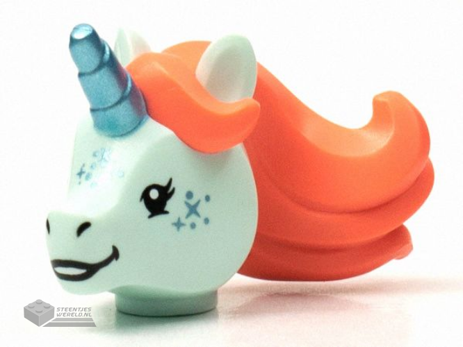 70751pb01 – Minifigure, Head, Modified Unicorn with Molded Coral Mane and Printed Metallic Light Blue Horn and Freckles Pattern