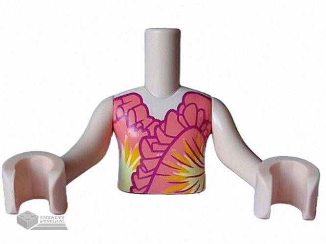 FTGpb492c01 – Torso Mini Doll Girl Coral Dress Top with Dark Purple Ruffles and Bright Light Orange and Bright Light Yellow Flashing Accents Pattern, Light Nougat Arms with Hands