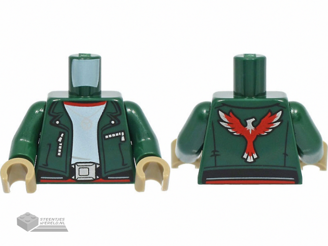 973pb3782c01 - Torso Jacket with Silver Necklace, Buckle, and Zippers, Red Phoenix / Firebird Logo on Back Pattern / Dark Green Arms / Dark Tan Hands