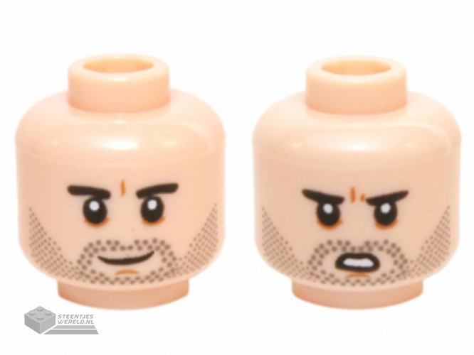 3626cpb1428 - Minifigure, Head Dual Sided Black Eyebrows, Black Stubble, White Pupils Smiling / Open Mouth Scowling Pattern (SW Poe Dameron) - Hollow Stud