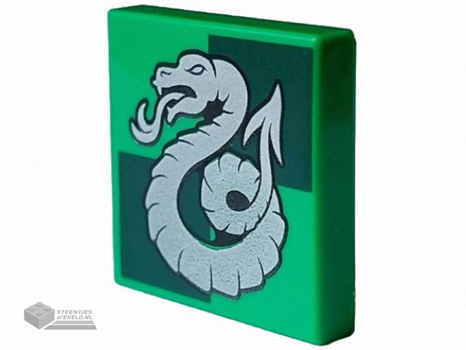 3068pb2358 – Tile 2 x 2 with Silver Slytherin Crest on Dark Green Squares Pattern