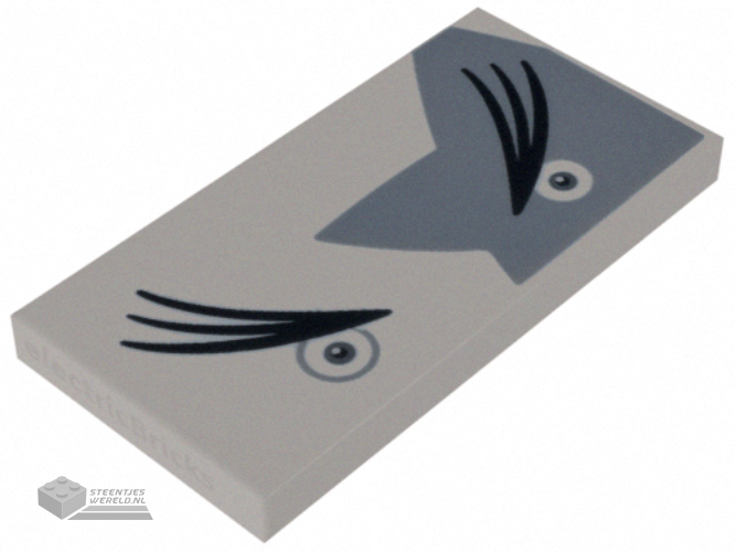 87079pb1319 – Tile 2 x 4 with Dark Bluish Gray Eyes, Long Black Eyebrows, and Light Bluish Gray Star Shape Pattern (Super Mario Morton Upper Face)