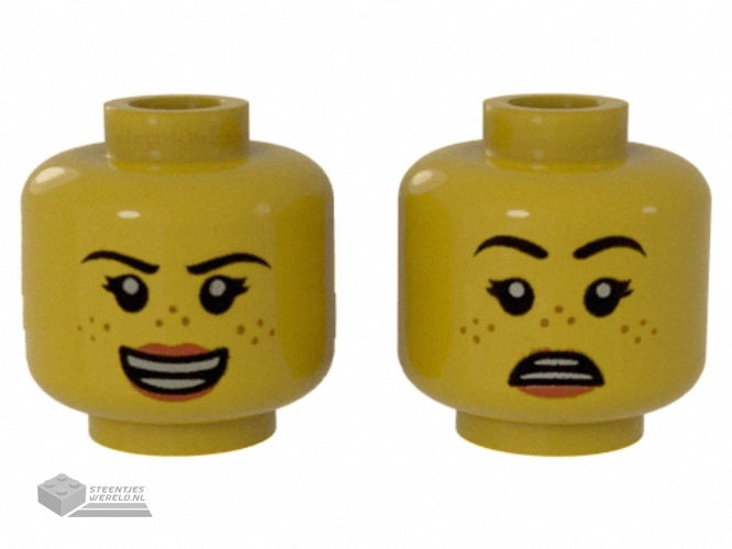3626cpb2484 - Minifigure, Head Dual Sided Female Black Eyebrows, Medium Nougat Freckles, Coral Lips, Open Mouth Smile / Scared Pattern - Hollow Stud