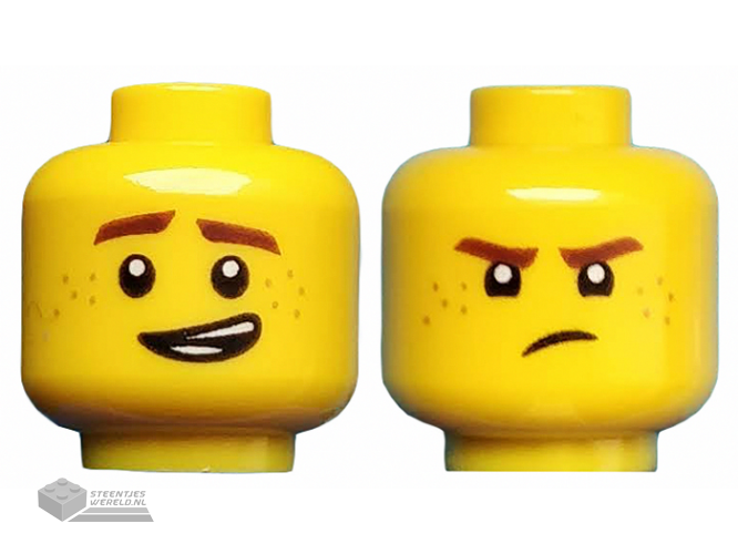 3626cpb1892 - Minifigure, Head Dual Sided Reddish Brown Eyebrows and Freckles, Lopsided Grin / Frown Pattern (Jay) - Hollow Stud