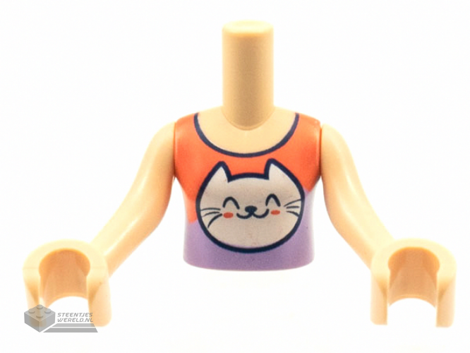 FTGpb306c01 – Torso Mini Doll Girl Coral and Lavender Top, White Kitty Cat Head Pattern, Light Nougat Arms with Hands
