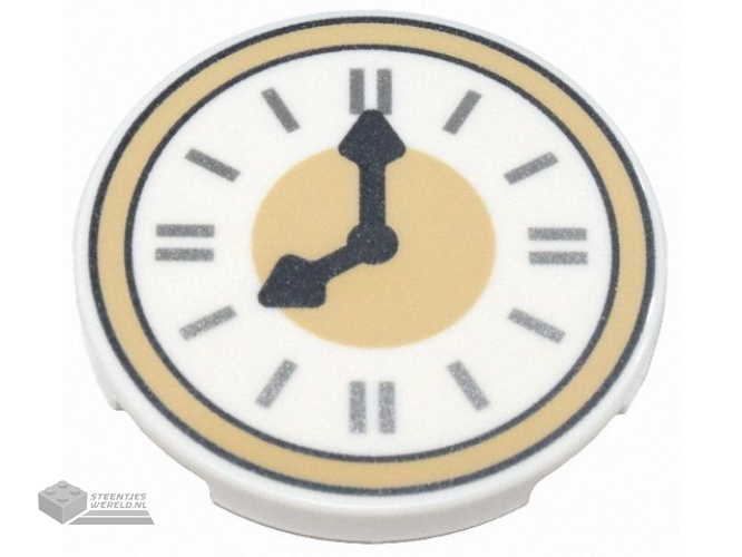 67095pb075 – Tile, Round 3 x 3 with Clock Face with Tan Border, Dark Silver Hands, and Silver Time Indicators Pattern