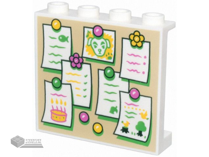 60581pb260 – Panel 1 x 4 x 3 with Side Supports – Hollow Studs with Tan Bulletin Board, White Notes with Bright Green, Dark Pink and Yellow Pins, and Animal Crossing K.K. Slider Pattern