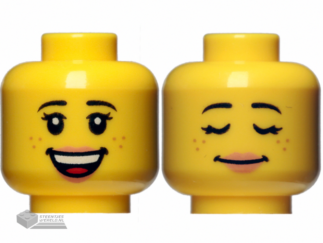 3626cpb1352 - Minifigure, Head Dual Sided Female Black Eyebrows, Freckles, Eyelashes, Peach Lips, Open Smile with Teeth / Sleeping Pattern - Hollow Stud