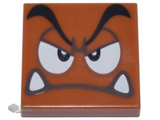 3068pb2155 – Tile 2 x 2 with Black Eyebrows, Dark Brown and White Eyes Looking Straight Partially Closed, Angry Frown with Bottom Fangs Pattern (Super Mario Goomba Face)