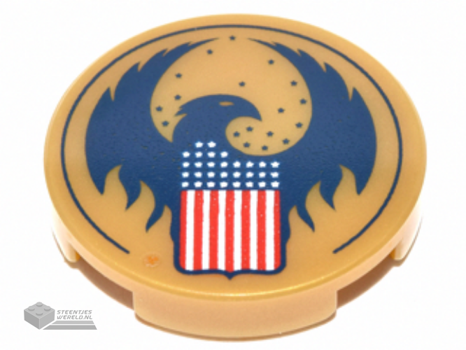 14769pb158 – Tile, Round 2 x 2 with Bottom Stud Holder with Blue Bird with Raised Wings and Flag with Red, White and Blue Stars and Stripes Pattern