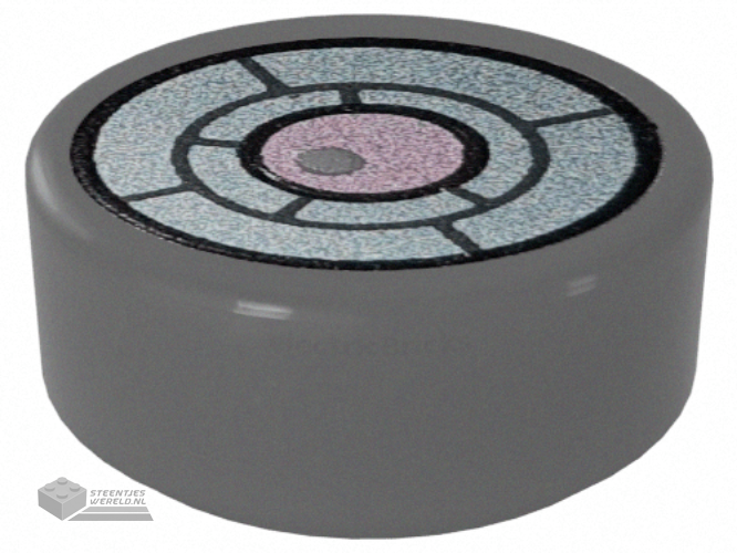 98138pb410 – Tile, Round 1 x 1 with Black, Dark Bluish Gray and Metallic Light Blue X-Ray Goggles with Metallic Pink Eye and White Glint Pattern