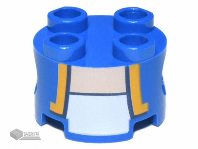17485pb007 – Brick, Round 2 x 2 with Pin Holes with Vest Open with Bright Light Orange and Dark Blue Trim over White Shirt, Light Nougat Neck Pattern (Super Mario Toad / Blue Toad Torso)