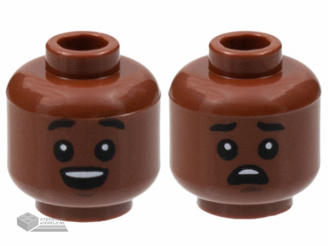 3626cpb2997 - Minifigure, Head Dual Sided, Black Eyebrows Raised and Eyes with White Pupils, Open Mouth / Worried Pattern - Hollow Stud