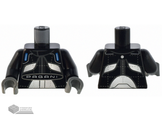 973pb5152c01 – Torso Racing Suit with Dark Bluish Gray Trim, White Panels and 'PAGANI' and Silver Stitching Pattern / Black Arms / Dark Bluish Gray Hands