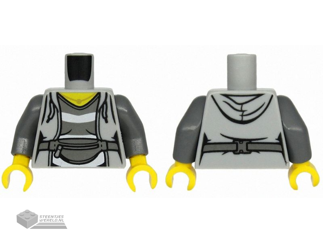 973pb3775c01 - Torso Female Hoodie with Laces over Dark Bluish Gray and White Striped Shirt, Belt with Bag Pattern / Dark Bluish Gray Arms / Yellow Hands