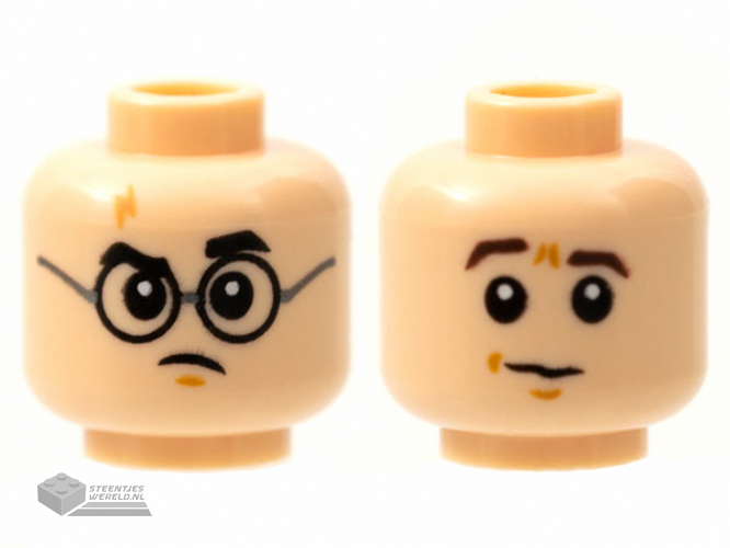 3626cpb2810 - Minifigure, Head Dual Sided, Medium Nougat Scar, Black Eyebrows and Glasses / Dark Brown Eyebrows Right Raised Pattern - Hollow Stud
