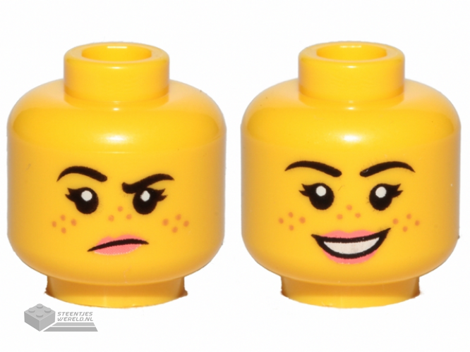 3626cpb2455 - Minifigure, Head Dual Sided Female, Freckles, Pink Lips, Raised Right Eyebrow, Grumpy / Smile Pattern - Hollow Stud
