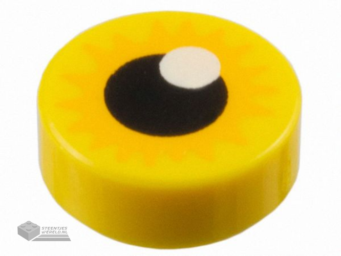 98138pb437 – Tile, Round 1 x 1 with Eye with Bright Light Orange Starburst Iris and Black Pupil with White Glint Pattern