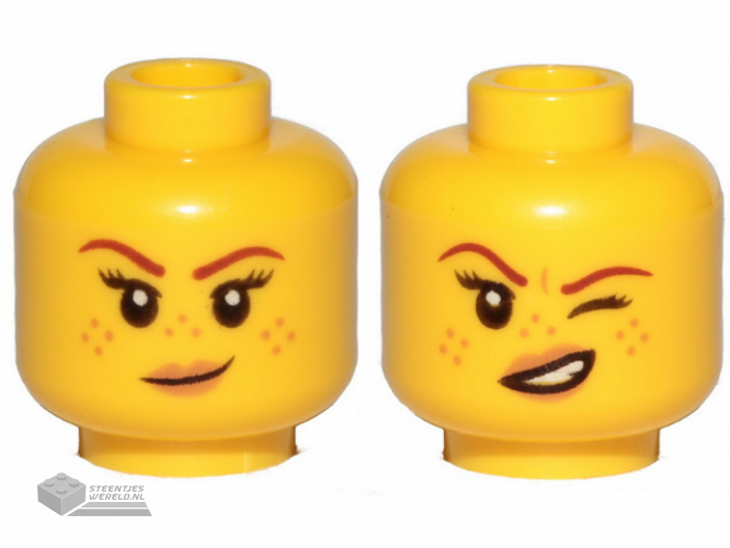 3626cpb2145 - Minifigure, Head Dual Sided Female Reddish Brown Eyebrows, Medium Nougat Freckles and Lips, Small Smirk / Left Eye Squinted Pattern - Hollow Stud
