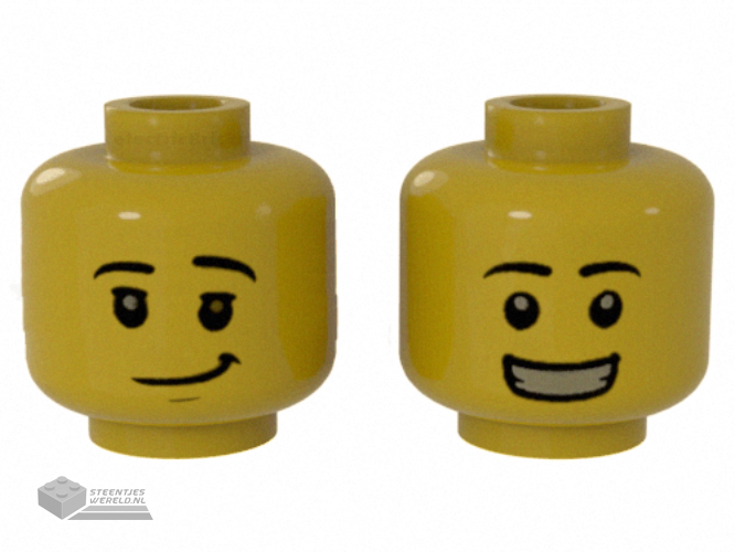 3626cpb2308 - Minifigure, Head Dual Sided Black Eyebrows, Lopsided Grin Pattern / Smile Showing Teeth - Hollow Stud