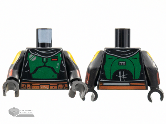 973pb4396c01 – Torso SW Armor, Black Scarf, Green Breastplate, Dark Orange Belt Pattern / Black Arms with Mandalorian Armor Pattern / Black Hands