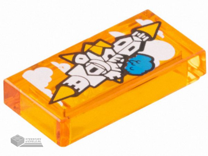 3069pb1274 – Tile 1 x 2 with Floating Castle in the Sky with Orange Roofs, White Clouds and Dark Azure Tree Pattern