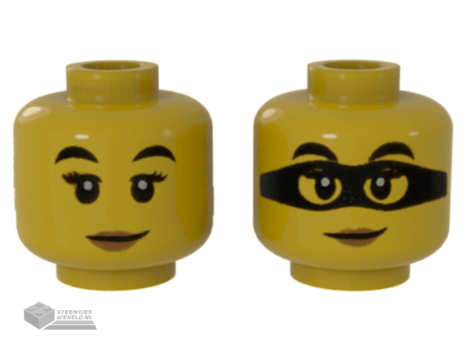 3626cpb2533 - Minifigure, Head Dual Sided Female Black Eyebrows, Peach Lips and Closed Mouth Smirk / Black Mask Pattern - Hollow Stud