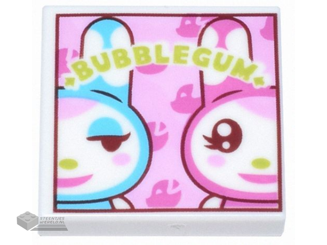3068pb2353 – Tile 2 x 2 with Medium Azure and Dark Pink Rabbits, Lime ‘BUBBLE GUM’ on Bright Pink Background Pattern (Animal Crossing K.K. Slider Album Cover)