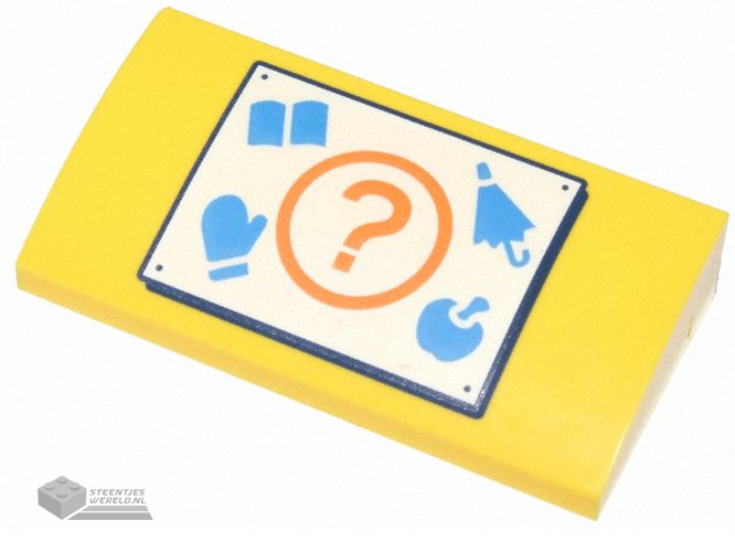 88930pb177 – Slope, Curved 2 x 4 x 2/3 with Bottom Tubes with White Sign, Orange Question Mark, Dark Azure Book, Umbrella, Mitten, and Apple Pattern (Animal Crossing Recycle Bin)