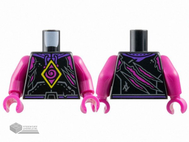 973pb5806c01 - Torso Hoodie with Dark Purple Hood, Magenta Spiral and Skin Behind Tears, Yellow Diamond Pattern / Magenta Arms / Magenta Hands