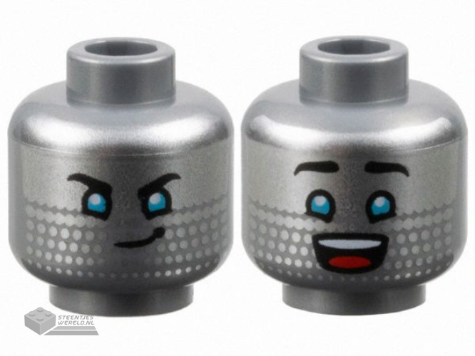 3626pb3640 - Minifigure, Head Dual Sided Silver Face, Black Eyebrows, Medium Azure Eyes, Lopsided Grin / Open Mouth Smile with Top Teeth and Red Tongue Pattern