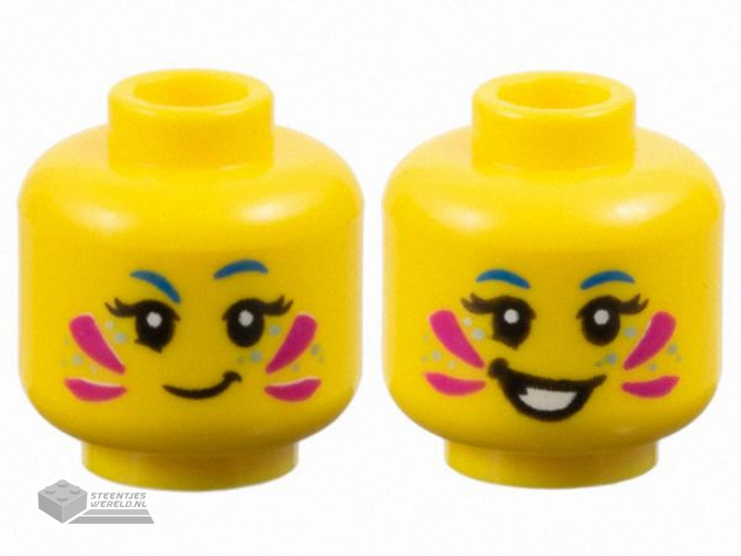 3626pb3636 - Minifigure, Head Dual Sided Female Blue Eyebrows, Black Eyelashes, Magenta Face Paint, Metallic Light Blue Dots, Lopsided Grin / Open Mouth Smile with Teeth Pattern