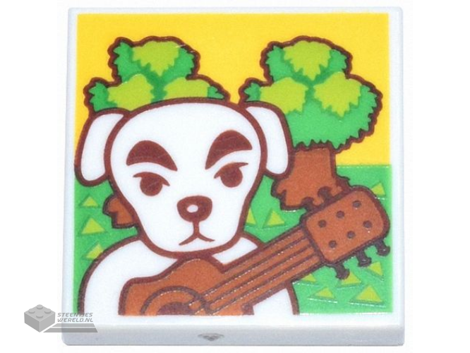 3068pb2354 – Tile 2 x 2 with White Dog, Dark Orange Guitar, Bright Green and Lime Grass and Trees Pattern (Animal Crossing K.K. Slider Forest Life Album Cover)