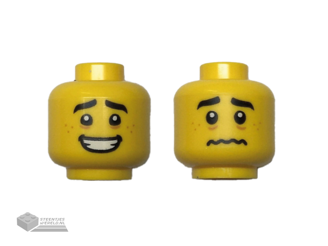 3626cpb2974 - Minifigure, Head Dual Sided, Black Eyebrows, Medium Nougat Freckles, Open Mouth Smile / Scared Worried Pattern - Hollow Stud