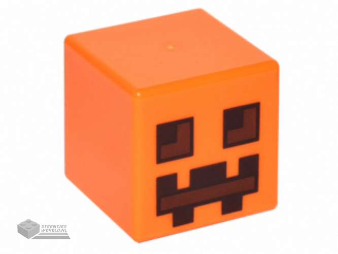 19729pb001 - Minifigure, Head, Modified Cube with Pixelated Dark Brown and Reddish Brown Eyes and Mouth Pattern (Minecraft Pumpkin Jack O' Lantern / Snow Golem)
