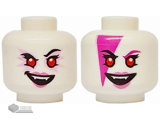 3626pb3530 – Minifigure, Head Dual Sided Alien Female Black Eyebrows, Bright Pink Eye Shadow, Dark Pink Lips, Open Mouth Smile with Fangs / Magenta Face Paint Triangle and Eyebrow Pattern
