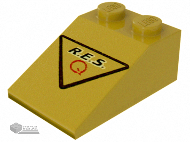 3298pb024 – Slope 33 3 x 2 with ‘R.E.S.’ and Red Capital Letter Q in Black Triangle Pattern
