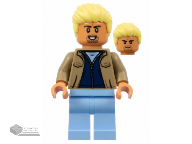 soc164 – Soccer Spectator – Layered Dark Tan and Dark Blue Jackets, Bright Light Blue Legs, Bright Light Yellow Spiked Hair Swept Up