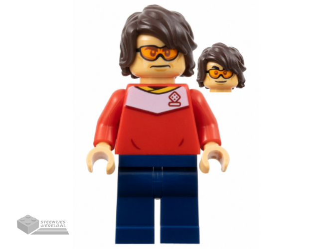 soc161 – Soccer Spectator – Red Soccer Jersey, Dark Blue Legs, Dark Brown Hair, Orange Glasses